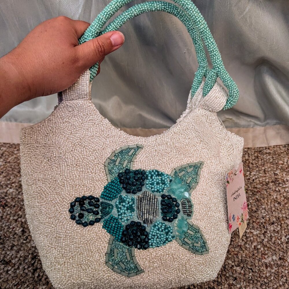 Beaded Turquoise Sea Turtle Satchel Purse Tote Made In India Beach Viral NWT